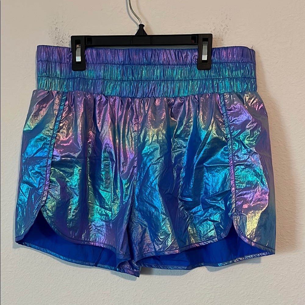 PINK LILY Iridescent Blue & Purple High Waist Lined Athletic Shorts - Picture 1 of 4